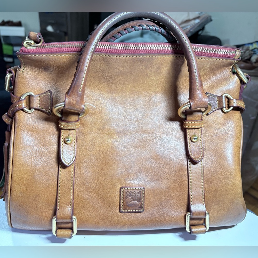 Dooney & Bourke Florentine Tan Leather Satchel with Red Trim Zipper